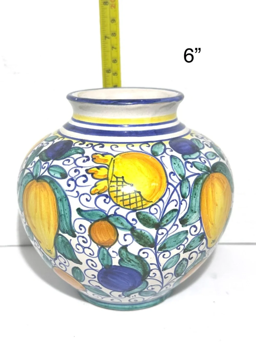 VTG Hand Painted Round Ceramic Vase 6” Fruit Motif Signed F Micalli Deruta Italy